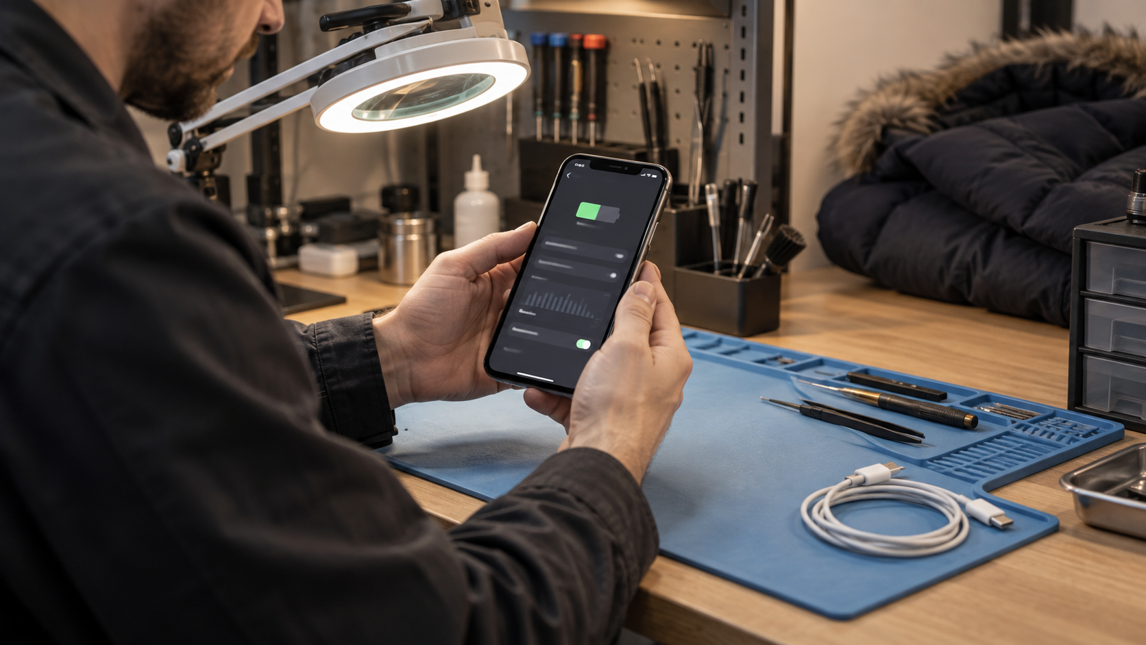 Мастер проверяет состояние аккумулятора смартфона на рабочем столе