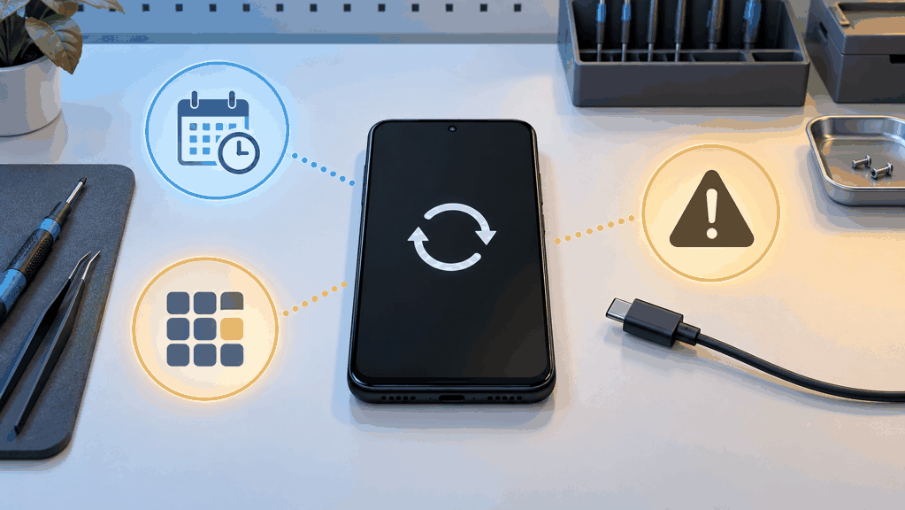 Иллюстрация смартфона со знаком перезапуска, значками календаря, приложений и предупреждения на рабочем столе